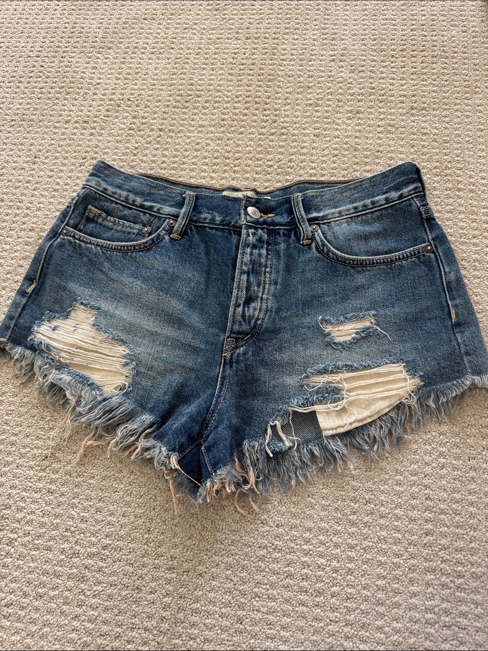 Free People Distressed Dark Blue Frayed Hem Denim Shorts
